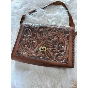 VTG Hand Tooled Leather Purse Hand Bag Brown Floral SouthWestern Beautiful thumbnail 7