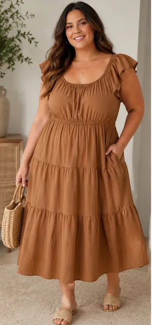 Skies Are Blue Curvy 2X Camel Brown Tiered Midi Dress Flutter Sleeve NWT thumbnail 1