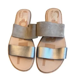 Sorel Gray Gold Two Strap Slide Sandals Suede Metallic Minimalist Size 6 Women's thumbnail 1