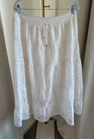 Joie Midi Skirt Women's Large White Cotton Boho A-Line Eyelet Lace Tiered thumbnail 1