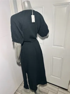 Marine Layer Erin Shirt Dress M Black Cotton Gauze Button Front Midi Puff Sleeve thumbnail 5