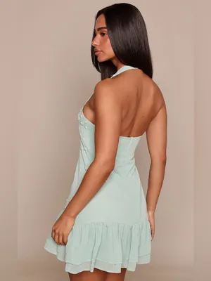 PrettyLittleThing PETITE GREEN BUTTON DETAIL FLOWY CHIFFON MINI DRESS Size 6P thumbnail 2