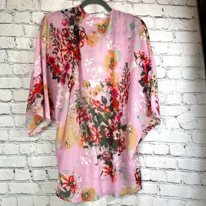 Women's Batwing Floral Chiffon Kimono Beachwear Cover Up Pink L thumbnail 12