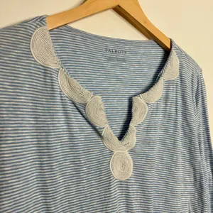 Talbots Cotton Tunic Beaded Neckline White/Blue Striped Large‎ Coastal Casual thumbnail 3