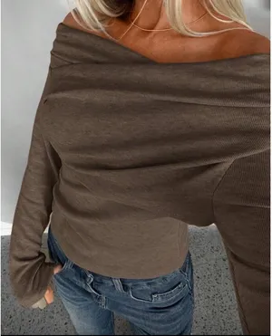 Women Elegant Solid Color Draped Form-Fitting Long Sleeve Top thumbnail 2