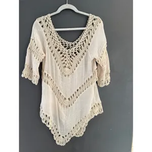 Boho Crochet Macrame Handkerchief Hem Tunic Top Cream‎ V-Neck Festival Gauze L thumbnail 4