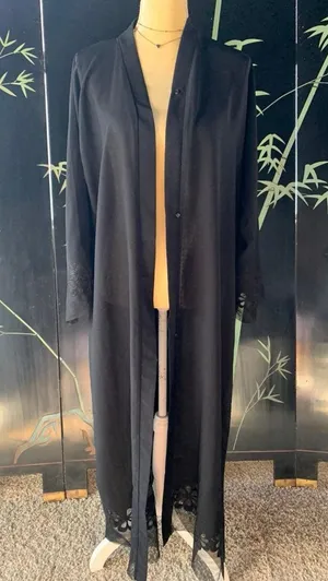 open front black maxi cardigan mesh & embroidered detail size Large Made In UAE thumbnail 1