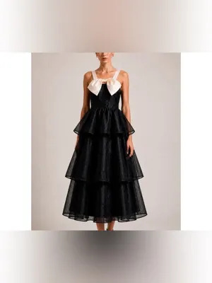 Lulus NWT Women Small Black Cream Satin Ruffle Tiered Midi Dress Balletcore Chic thumbnail 2