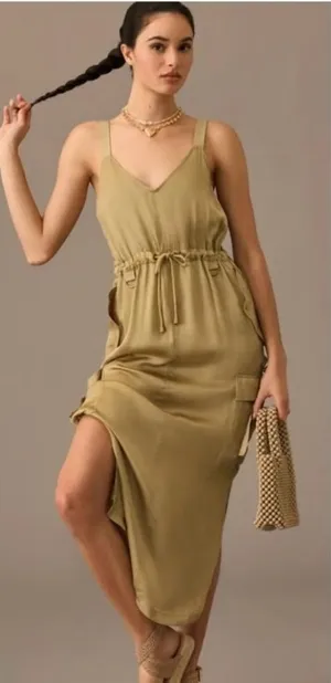Love The Label Anthropologie Sleeveless Utility Satin Green Midi Dress Size‎ XS thumbnail 1