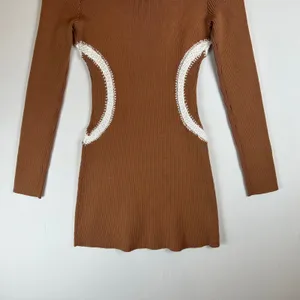 Mon Renn Brown Ribbed‎ Knit Mini Dress Long Sleeve Crochet Trim Detail Small thumbnail 9