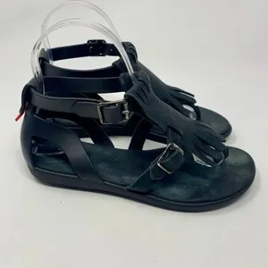 Hunter Original‎ Fringe T-Bar Leather Sandals Black thumbnail 6