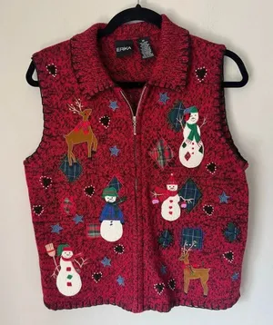 Vintage Red Christmas Sweater Vest Snowmen Reindeer Plaid Knit Size M Festive thumbnail 1