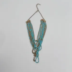 Turquoise Blue Seed Bead Layered Multi Strand Necklace Gold Tone Boho Statement thumbnail 3