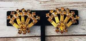 Vintage Clip On Earrings Orange & Amber Tone Gems Fan Shape Statement Earrings thumbnail 1