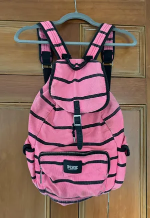 PINK - Victoria's Secret Black & Pink Striped Backpack thumbnail 1