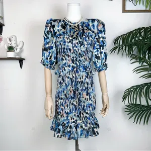 Elliatt Incubus Smocked Short Sleeve Mini Dress in Blue Multi Size Small NWT thumbnail 7