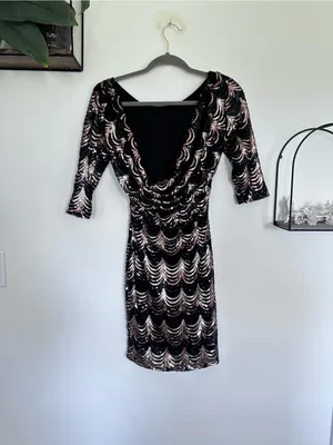 Windsor Sequin Glittery Sparkle Long Sleeve Low Back Scoop Neck Mini Dress Med thumbnail 2