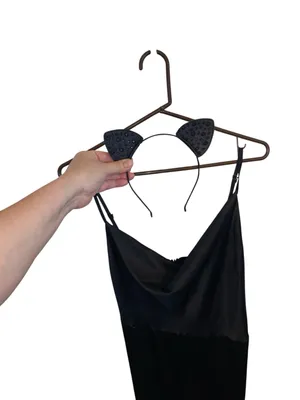 Chic Black Cat Halloween Costume Set Satin Slip Dress & Rhinestone Ears thumbnail 4