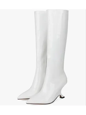 NEW White Patent Metallic Boots Knee High Sculptural Wedge Heel Boots 8.5 thumbnail 4