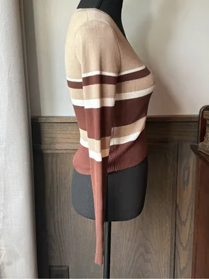 The Slope Striped Scoop-Neck Ribbed Sweater in Brown, Cream & Tan medium thumbnail 5