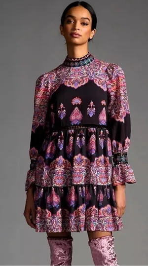 Anthropologie Mixed Printed Boho Mini Dress Size 0 Beaded thumbnail 1