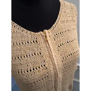 Vintage David Brooks Open Knit Crocheted Zip-Front Yellow Cardigan Sweater Boho thumbnail 3