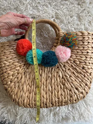 NWOT Woven Straw beach Handbag with Multicolor Pom-Pom Tassels thumbnail 4