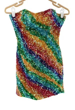 Gigi Multicolor rainbow full Sequin Mini Dress strapless 0 colorful pride event thumbnail 1