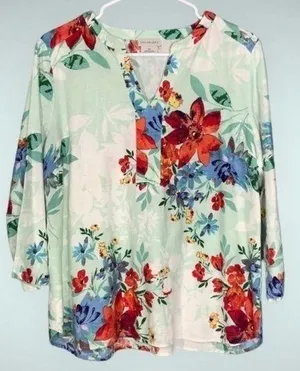 Van Heusen Mint Green & Orange Floral Linen Blend Split Neck Blouse M thumbnail 1