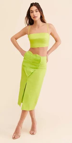 FARM Rio Mia 100% Linen Leaf Midi Skirt Neon Green thumbnail 1