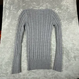 Y2K American Eagle V Neck Fitted Cable Knit Sweater Women Medium Gray Preppy thumbnail 5