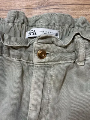 Zara Women's Paper Bag Waist Carrot‎ Leg Jeans in Green thumbnail 2