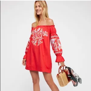 Free People Red Fleur Du Jour off the shoulder embroidered floral dress‎ small thumbnail 2