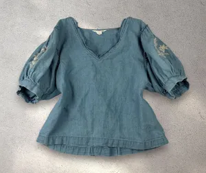 American Eagle Embroidered Denim Puff-Sleeve Top Women's S Boho Prairie Cottage thumbnail 1