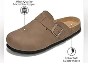 NIB Women's Tan Suede Clogs with a classic stylish look & vintage buckle design thumbnail 2