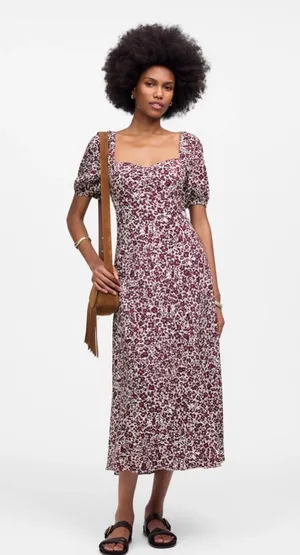 NWT Madewell Puff Sleeve Sweetheart Midi Dress in Floral 4 need left arm elastic thumbnail 1