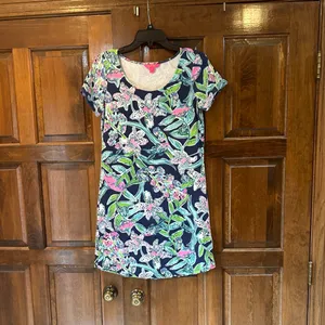 Lilly Pulitzer Tammy Dress Small S Bright Navy Sway This Way Floral Fish UPF 50+ thumbnail 5