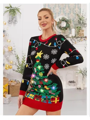 NEW Ugly Christmas Tree Sweater Dress Light Up LED M thumbnail 6