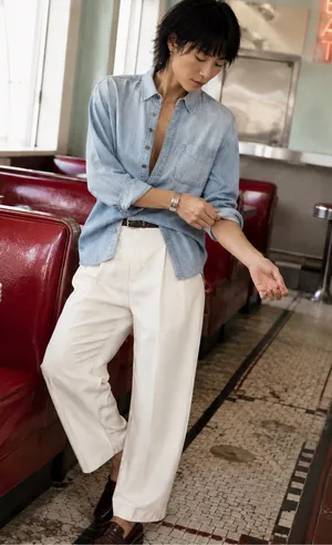 Current/Elliott The Prep School Light Wash Chambray Denim Shirt Small thumbnail 1