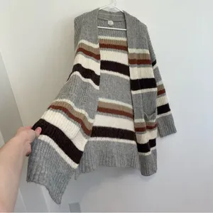 A NEW DAY Striped Open Front Cardigan Gray Cream Tan Brown Long Heavy Sweater M thumbnail 11
