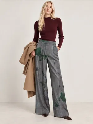 Veronica Beard 0 Robinne Wide Leg Pleated Trousers Gray Green Watercolor Artwear thumbnail 2