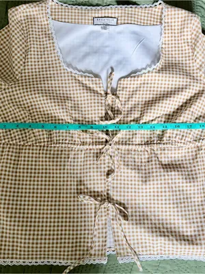 Bagatelle Cottagecore Gingham Front Tie Lace Trim Blouse Tan White Large thumbnail 7