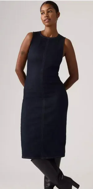 New Levi's M Denim Column Midi Dress Fem Fatale Dark Wash Size Medium thumbnail 1
