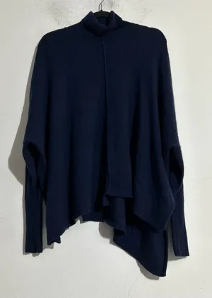 Aqua Cashmere Turtleneck Asymmetrical Sweater Navy M/L Minimal Timeless Classic thumbnail 1