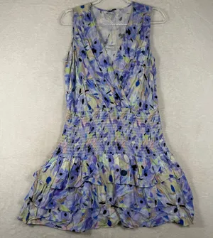 Amanda Uprichard Floral Smocked Ruffle Mini Dress Purple Blue Green Size L thumbnail 1