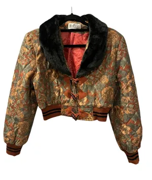Vtg 80s 90s Kofoo Cropped Tapestry Bomber Jacket Faux Fur Collar Floral Size S/M thumbnail 1
