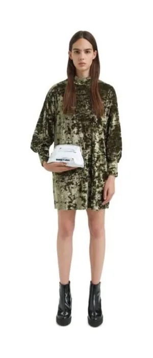Bimba y Lola Velvet Dress Womens M Olive Green Whimsigoth Mock Neck Button‎ Cuff thumbnail 1