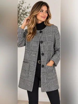 Zara Black & White Plaid Long Coat - Classic Women's Jacket Fall thumbnail 2