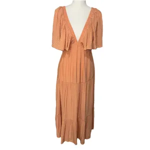 Vestique V-Neck Open Back Peach Ruffled Maxi Lined Dress Size M thumbnail 3
