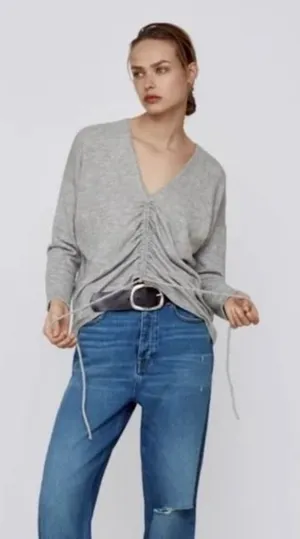 ZARA Heathered Gray Cinched Sweater V Neck Pullover Cinchable Cinched Top Large thumbnail 1